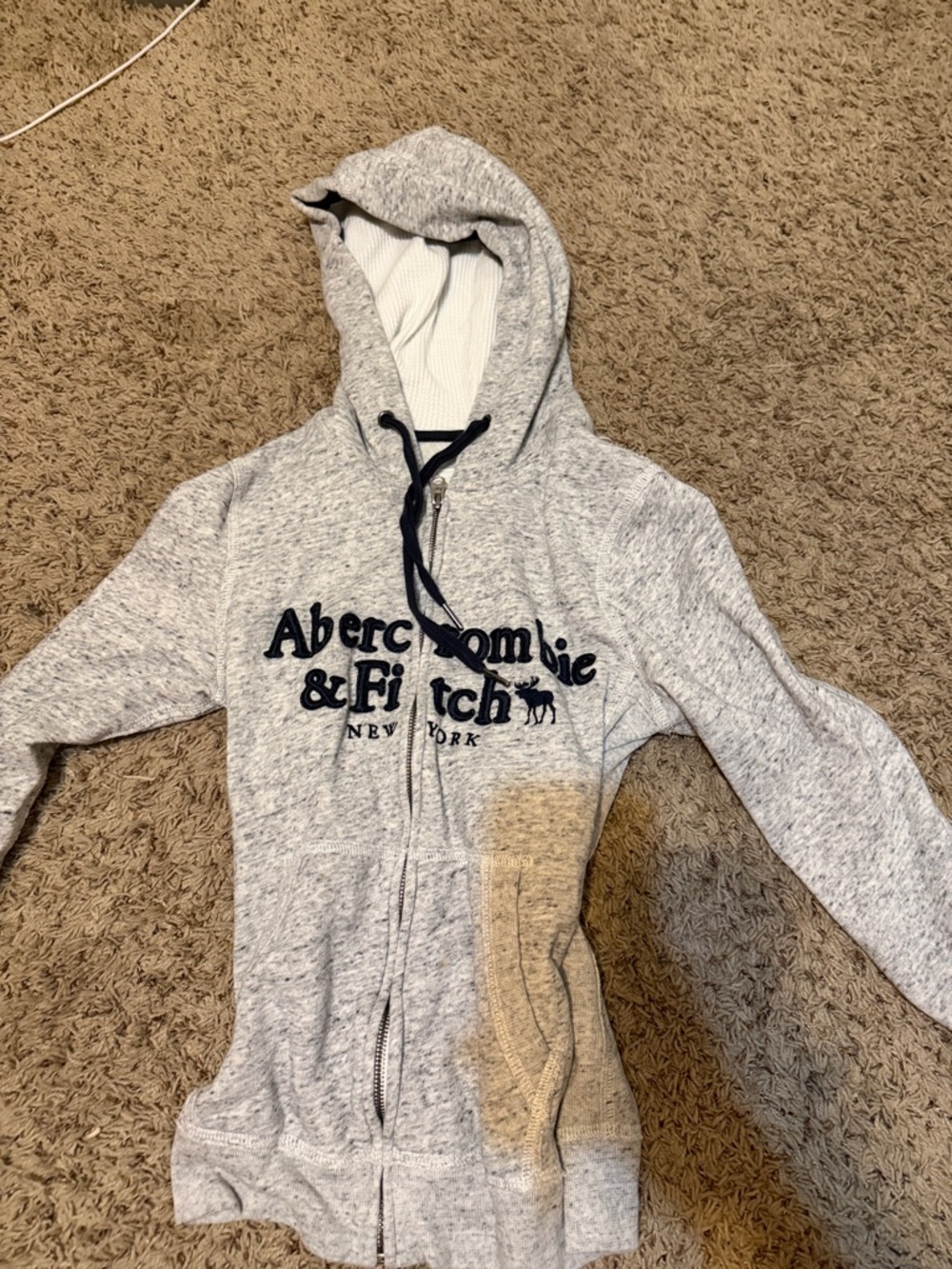 Abercrombie & Fitch Light Heather Gray Zip Hoodie with Navy Logo